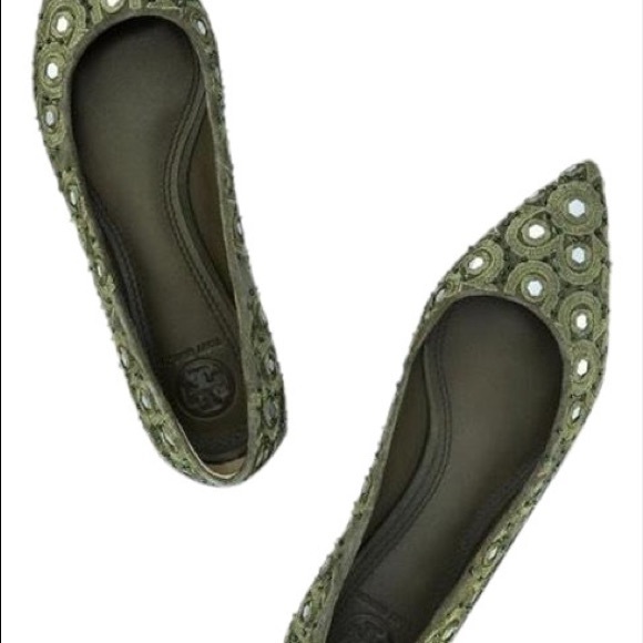Tory Burch Shoes - Tory Burch Green Embroidered Yasmin Pointed Toe Beaded Ballet Flat Pumps